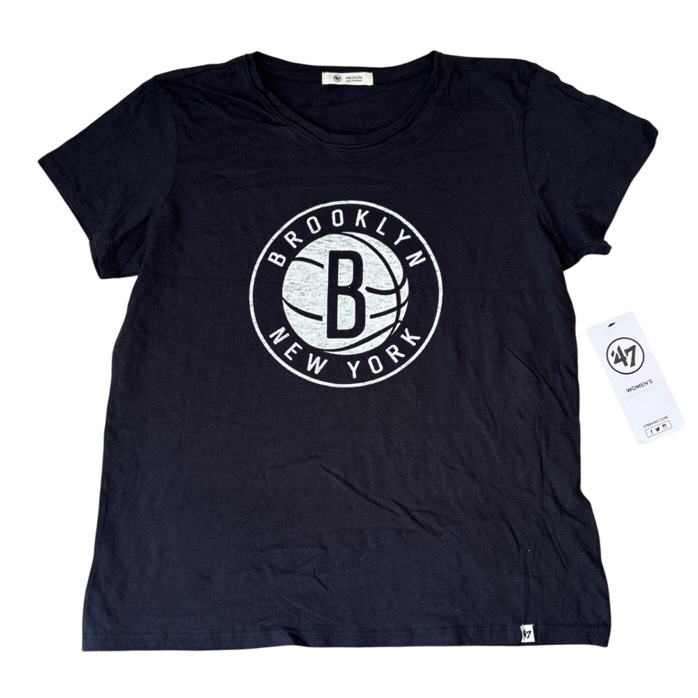 '47 Brand Brooklyn Nets T-Shirt Women Black Graphic Logo Tee SIZE Medium